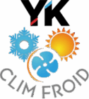 Logo YK Clim Froid : monogramme YK, flocon de neige, soleil et ventilateur symbolisant la climatisation et le froid.