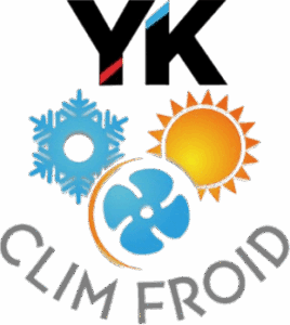 Logo YK Clim Froid : monogramme YK, flocon de neige, soleil et ventilateur symbolisant la climatisation et le froid.