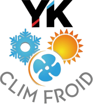Logo YK Clim Froid : monogramme YK, flocon de neige, soleil et ventilateur symbolisant la climatisation et le froid.