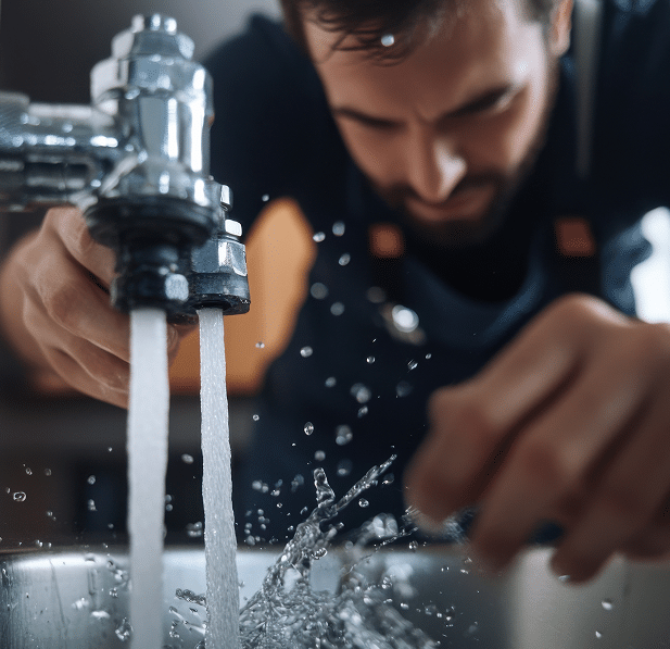 Homme plombier réparant un robinet qui fuit au-dessus d'un évier. De l'eau coule et éclabousse, ses mains sont concentrées sur la tâche.