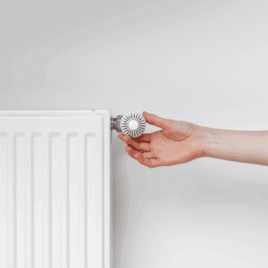 Une main ajuste la vanne thermostatique blanche d'un radiateur. Réglage de la température du chauffage pour économiser de l'énergie.